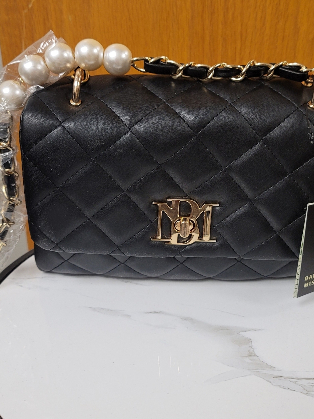 Badgley Mischka Black Quilted Crossbody with Pearl Chain